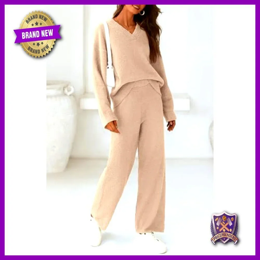 V-Neck Sweater Set High Waist Wide Leg Pants Loungewear Matching Outfit Cozy